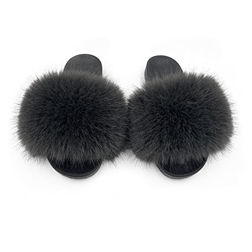 Image of Women's Faux Fur Slides Slippers Fluffy Fuzzy Sandals Open Toe Furry Slide Flip Flop Indoor Outdoor