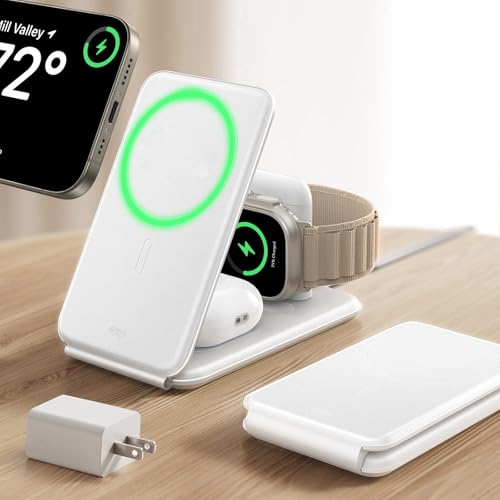 Image of ESR 3 in 1 Charging Station for Apple, [Certified] Apple Watch Charger & 15W MagSafe Charger Stand for iPhone, Travel Charger for Multiple Devices, iPhone 17-12, Watch & AirPods, White