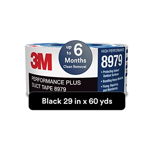 3M Performance Plus 8979 Duct Tape Heavy Duty, Black, 29 in x 60 yds, 12.1 mil, 6 Month Clean Removal, Resists UV and Weather for up to 12 Months, Tears Cleanly, Curl-Resistant, 1 Roll
