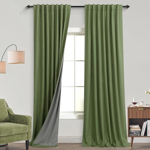 Image of KOUFALL 108 Inch Long Olive Green Linen Boho Back Tab Blackout Curtains for Bedroom Living Room 2 Panels Set
