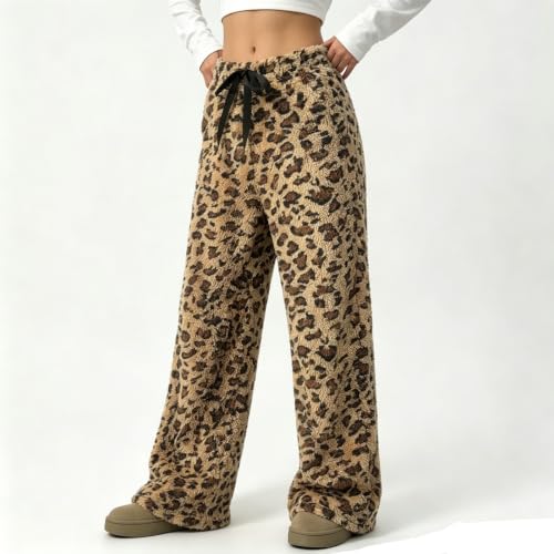Hrwauag Leopard Pants Women Therian Fuzzy Pajama Pants Wide Leg Lounge Pants Heart Bear Leopard Drawstring Waist Warm Cozy Sleep Cute Pajama Trousers - image 4