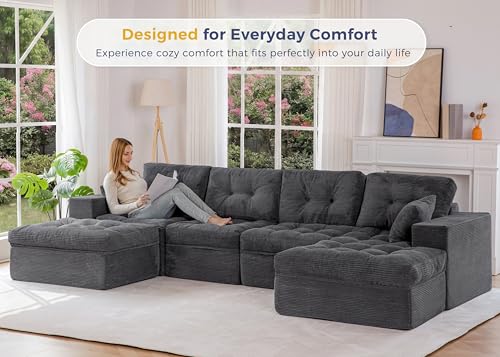 Image of MAXYOYO 132 inch U Shaped Modular Sectional Sofa with 2 Ottomans, Cloud Boneless Couch with Layered Cushion, Flexible Module Combination Sofa for Living Room, No Assembly Required, Dark Grey