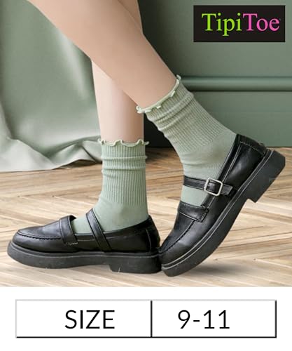 Tipi Toe Womens 6 Pairs Crew Length Turn-Cuff Solid Lettuce Edge Lace Ruffle Socks Size 9-112