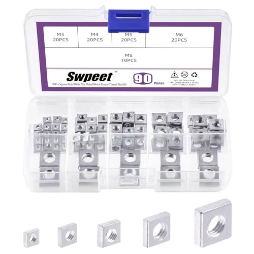 Swpeet 90Pcs 5 Größen M3 M4 M5 M6 M8 Weiß Zink Metric Grob Gewinde Vierkantmuttern Assortiment Kit, Maschinenschraubenmutter Metric Grob Gewinde für Home Automotive Shop Gebrauch