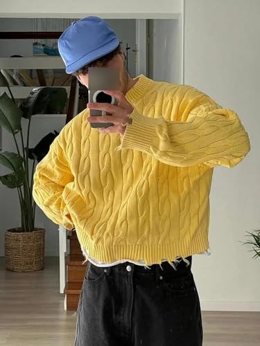 Casual Yellow Half Turtleneck Sweater Men Long Sleeve Tassel Knitted Pullover for Autumn Lazy Jumper2