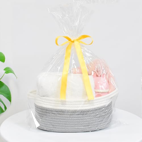 Image of ABenkle Small Basket with Handles, Boho Decorative Rope Woven Dog Cat Toy Storage Bin Shelf Storage Organizer, Easter Christmas Gift Basket, 12 inchx8 inchx5 inch, Grey