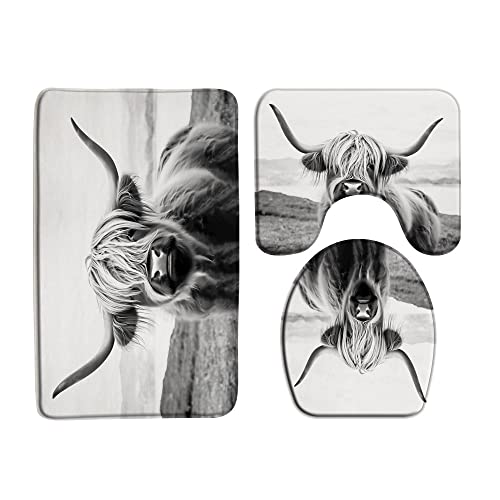 3 Piece Farmhouse Highland Cow Bath Mat Sets Farm Animal Portrait of Highland Cow Longhorn Bull Rustic Funny Western Bathroom Doormat Rugs,Toilet Seat Cover,U-Shaped Floor Mat