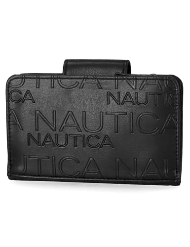 Image of Nautica Womens, Close Reach Vegan Leather RFID Wallet, Small Credit Card Holder Purse with Zipper Coin Pocket and ID Window in Black Embossed