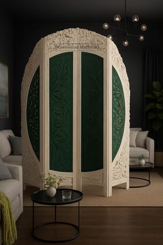 Image of Wooden Room Divider 6 Feet, 4-Panel Folding Wooden Partition for Living Room, Office, Pooja Room, Restaurant, Kitchen & Balcony (2W x 1.82H Meters). (White-Green)