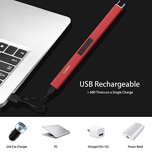 Image of Electric Candle Lighter - USB Rechargeable Arc Lighter for Camping, Family Use, BBQs - LED Battery Display, Safety Switch, Flameless, Windproof (Red)