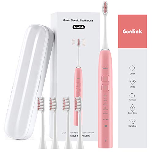 Gonlink Sonic Electric Toothbrushes for Adults Portable Travel Case 4 Replacement Brush Heads 5 Modes with Smart Timer, Waterproof Ultra Sonic Care Toothbrushes Electric Rechargeable, Pink
