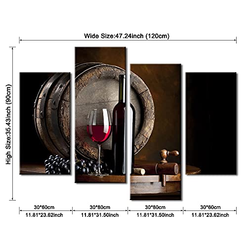 Pyradecor Vintage Canvas Prints Wall Art Red Wine And Grape Fruit Pictures Paintings For Kitchen Living Room Home Decorations Large Modern 4 Piece Stretched And Framed Giclee Food Artwork L #TOP5