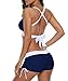 Zando Push Up Two Pieces Bikini with Boyshort Athletic V Neck Swimsuit Vintage Halter Back Swimwear Bathsuit for Women Flattering Navy Blue White XL (US 10-12)