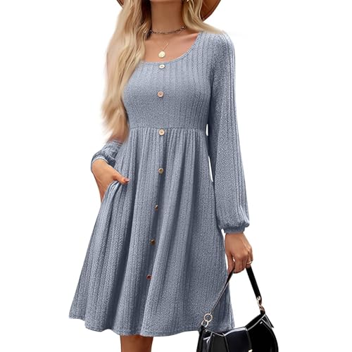 Strickkleider Damen Langarm Winterkleid Rundhalsausschnitt Elegant Pullover Kleid Knielang Strickkleider A-Linie mit Taschen und Knopf grau XXL