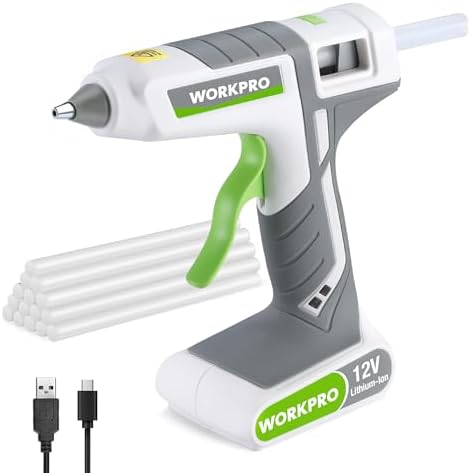 WORKPRO Heißklebepistole Akku kabellos 12V, Akku Klebepistole mit 15 Klebesticks(11 * 200 mm), Schnelles Aufheizen, USB-Aufladung, kabellose Heißklebepistole für Handwerk, Dekorati