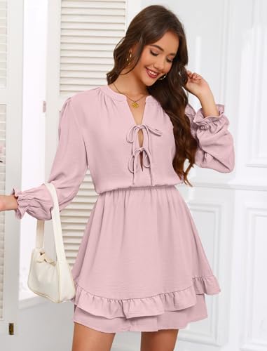 Angashion Women's Self Tie Front Mini Dress: Casual Long Sleeve V Neck Layered Ruffled Hem Vacation Dress with Pockets Pink X-Large — view 4