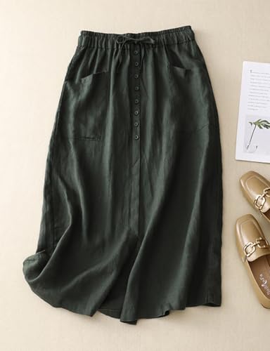 Kinghua Linen Skirts for Women 2025 Spring Summer Beach Casual A Line Elastic High Waisted Flowy Midi Long Skirt with Pockets2