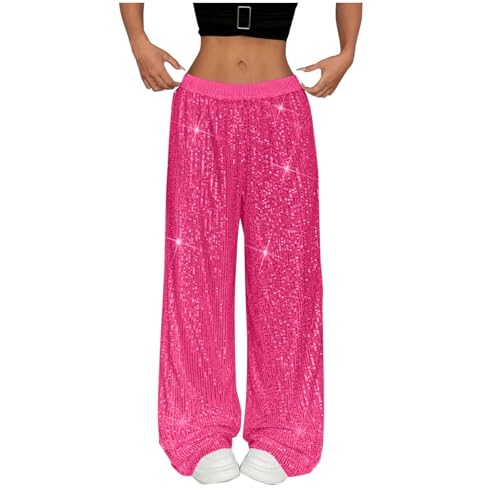 Pantalon à paillettes femme taille haute et coupe droite large pour fête