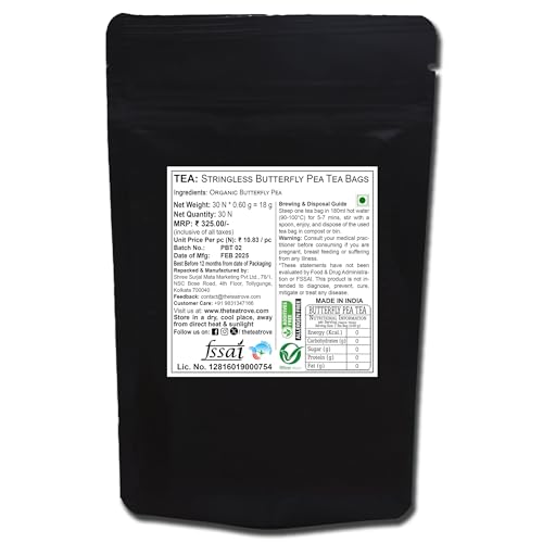 Image of the tea trove Blue Butterfly Pea Flower Tea Bags - 30 Eco-Friendly Aprajita Flower Tea Bag In Resealable Pouch - Caffeine Free Blue Pea Flower For Coolers, Cocktails| Pack Of 1, 18 Gram