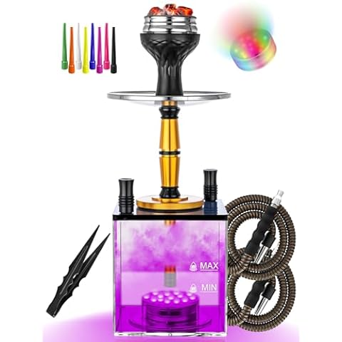 Hookah Set With Everything Micro Cube Acrylic Tank, Hookah Hose, Magic Led Light With Remote Control, Phunnel Silicone Bowl, Hookah Charcoal Holder, Hookah Tong, Hookah Tips Cover