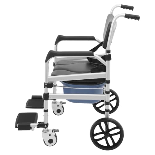 Foldable Shower Chair with Wheels, Rolling Shower Wheelchair Bedside Commode Chair with Arms, Portable Height Adjustable Bathroom Shower Chair for Seniors Adult Disabled (U-Shaped)