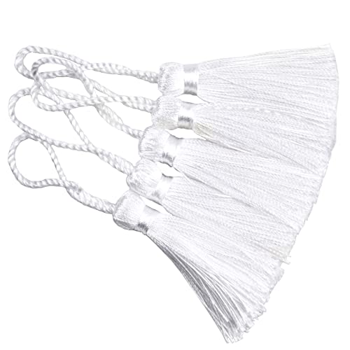 Image of Makhry 20pcs 4.3 Inch Handmade Silky Floss Mini Tiny Craft Tassels with 2-Inch Cord Loop and Small Chinese Knot for Earrings, Souvenir, Bookmarks, DIY Craft Accessory,Tags (White)
