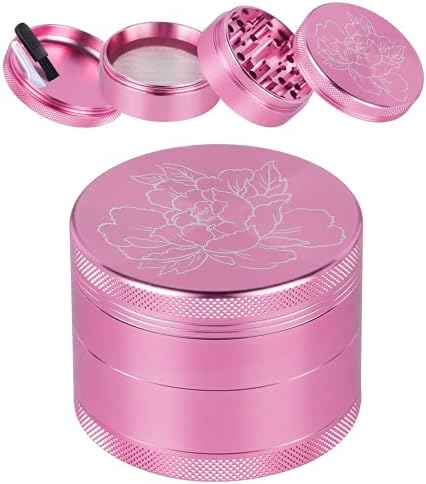 Herb Grinder, Premium Aluminium Spice Grinders 2.2 Inches 4 Pieces Metal Grinder Laser Flower Pattern–Includes Pollen Catcher Stainless Steel Screen, Pollen Scraper (Pink)
