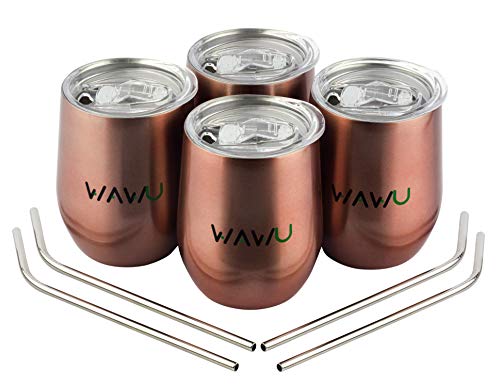 4 Pack Stainless Steel Wine Tumbler - 12oz Insulated Stemless Wine Glass Tumblers with Lids and 4 Straws for Wine, Coffee, Tea, Ice cream, Drinks, Champagne, Cocktails (Copper)