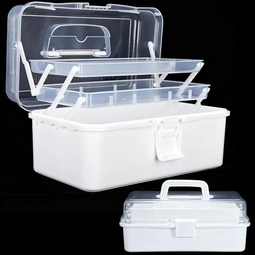 Image of DUOFIRE 13in 3-Layer Foldable Craft Organizers and Storage, Multipurpose Sewing Box, Portable Handled Plastic Tool Box Organizer, Craft Organizer for Sewing, Tools, Tackle or Art Supplies (White)