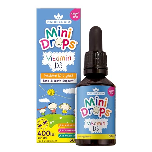 Natures Aid Mini Drops Vitamin D3 50ml for Infants & Kids - Bone Teeth Health & Immune System Support - Sugar Free Vegan Gluten-Free Non-GMO - Growth Support for Children Age 0-5 Dropper Included