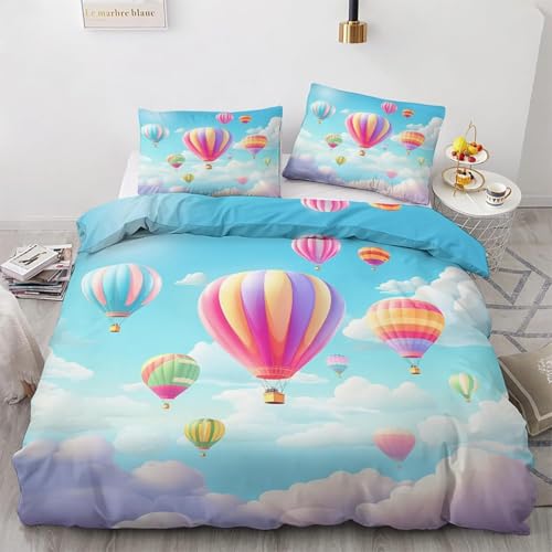 Housse de couette 200x200 nuages et montgolfière avec 2 taies d'oreiller