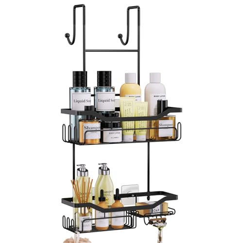 HapiRm Hanging Shower Caddy Over the Door with Soap Holder, No Drilling Adhesive Shower Organizer with 11 Hooks, Rustproof & Waterproof 304 Stainless Steel Bathroom Shelves – Black