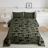 Erosebridal Machine Guns Comforter Set for Boys Youth Teens Men Twin Size,Military Theme Bedding Set,Army Rifle Pattern Bedding Comforter,Soft Luxury Quilted Duvet Set Bedroom Decor Army Green 2 Pcs