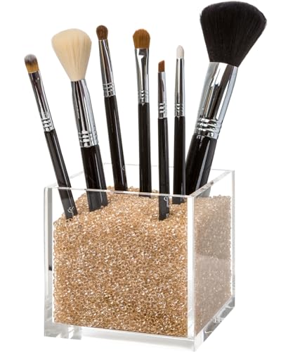 Pretty Display Acrylic Makeup Brush Holder with Beads - includes over 50,000 Beautiful Luxe Gold Diamonds