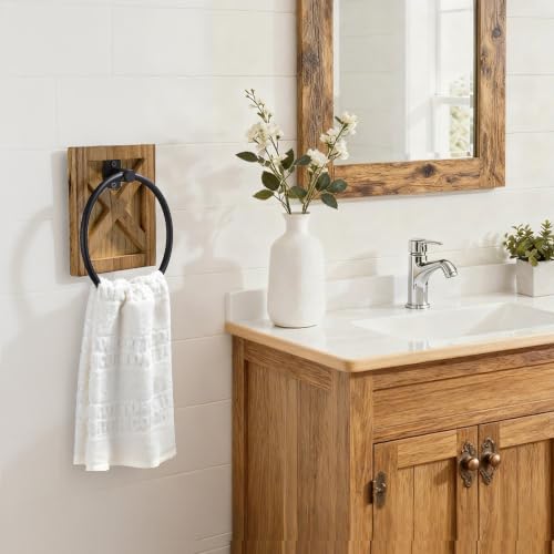 Image of SUNTECH Farmhouse Towel Ring, Wall Mount Hand Towel Holder with Wooden Base | 180 Swivel Design, Matte Black Metal, Rust & Moisture Resistant, Screw Mounting, for Bathroom, Kitchen, Laundry Room, RVs