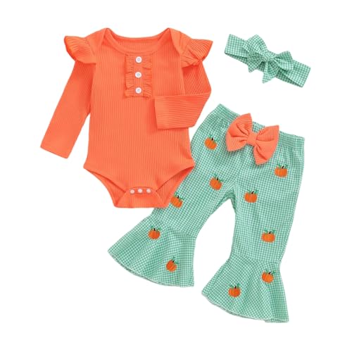 Baby Girl Bell Bottom Outfit Long Sleeve Ribbed Romper Flare Pants Set Halloween Christmas Fall Winter Clothes
