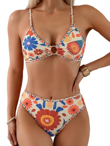 Image of Fanuerg Women's Triangle Bikini Sets O Ring Linked Two Piece Swimsuits Floral Printed Cheeky Bathing Suit