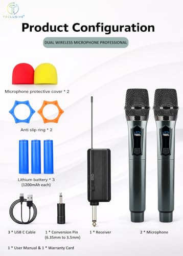 Image of T TECLUSIVE Wireless Microphone Professional for Speaker 6.35mm Amplifier Outdoor Karaoke Singing | Noise Cancellation | Dual Rechargeable Type-C 10Hours Battery Mic with Transmitter