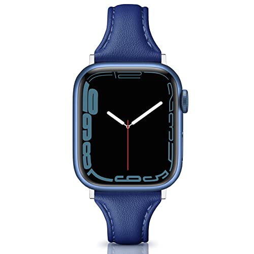 Image of Tuocal Genuine Leather Strap Compatible with Apple Watch Straps 38mm 40mm 41mm, Slim Thin Soft Replacement Strap for Apple Watch iWatch Series 8 7 6 5 4 3 2 1 SE Sport Edition Women, Blue