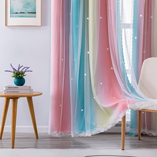 Image of XiDi Curtains for Bedroom Decor, Rainbow Pink-Blue-34-90