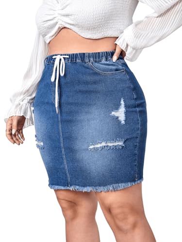 Floerns Women's Plus Size Drawstring High Waist Ripped Raw Hem Denim Skirt4