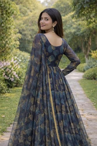 Image of Anveri Textiles Women's Printed Anarkali Gown with Dupatta | Full Sleeve Ethnic Long Dress for Wedding, Party & Festive