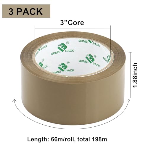 BOMEI PACK 3 Rolls No Bubble Brown Secure Sticky Packing Tape with 1 Dispenser,Heavy Duty Sealing Tape for Moving Boxes Sealing,48mic x 48mm x 66m