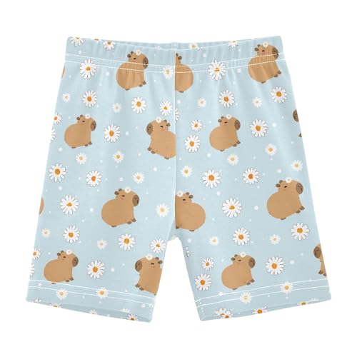 Little Daisy Capybara Blue Girls Shorts Elastic Waist Sports Shorts Girls Leggings Pants for 4-10 Years