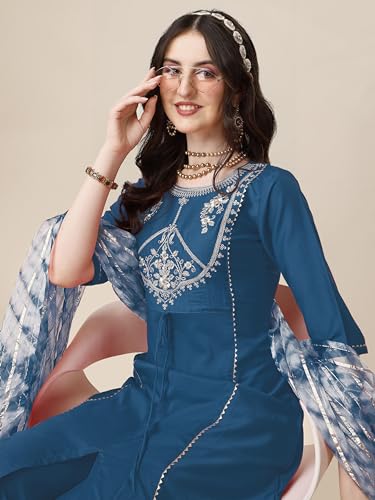 Image of EthnicJunction Women's Chinon Embroidered Straight Front Slit Kurta Palazzo & Organza Dupatta Set | Wedding | Heavy | Outfit | Suit