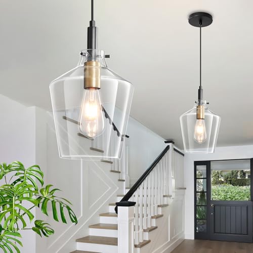 Image of Glass Pendant Lighting for Kitchen Island 2 Pack Black Gold Clear 8 Inch | Adjustable cord Dimmable, E26 bulbs, Rust-resistant Damp Rated For Bathrooms, 5-Year Manufacturer Warranty, UL Certification