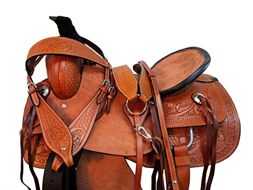 Brown Leather Western Roping Ranch Saddle 15 16 17 18 Tooled Horse Tack Set (17 Inch) #TOP25