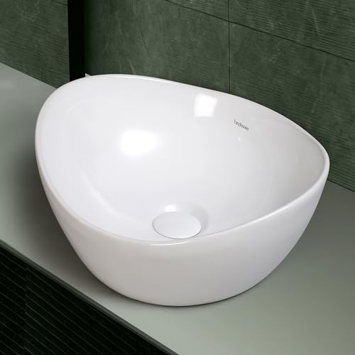 Image of Hindware Dew Table Top Wash Basin for Bathroom | Made of Ceramic | Star White | Oval Shape | Over the Counter Basin