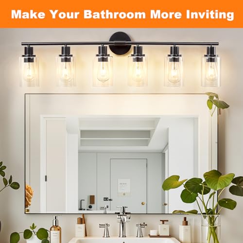 Image of DLLT 6-Light Bathroom Light Fixtures: Black Modern Vanity Lights with E26 Bulbs - Clear Glass Shade Bathroom Wall Lamp for Mirror Kitchen Living Room Hallway Cabinet Porch