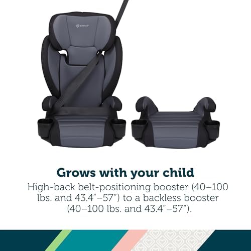 Safety 1st Grow and Go 2-in-1 Booster Car Seat with ComfortWings, Converts High-Back to Backless, 19" Wide, Slim Design, Lightweight, Foldable, Easy-Clean, Cup Holders, 40-100 lbs, Black Sand - 1